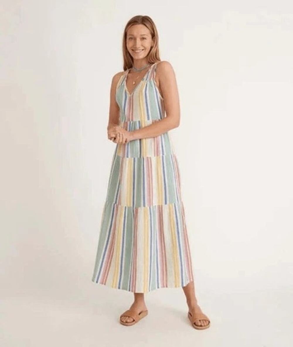 Marine Layer Women Corinne Maxi Dress Rainbow Gauzy Coastal Tiered Relaxed Small